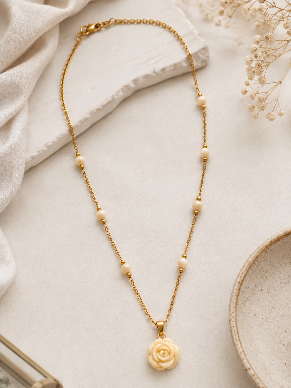 Marked Gold Tone Beaded Necklace with Cream Rose Pendant
